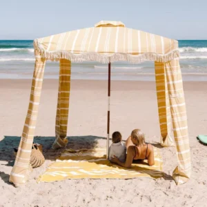 Boho Stripe Beach Wooden UV Canvas Cabana with Cotton Bullion Fringe