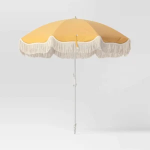 Boho Style Orange Beach Sun Umbrella With Cotton Tassels, Foldable Patio Parasol, Carry Bag
