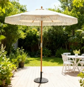 Boho Sun Parasol Beach Umbrella with Fringe and Tassels UV Protection Waterproof for Outdoor or Hotel Use