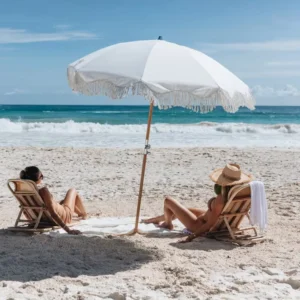 Boho White Parasol Outdoor Fringe Beach Umbrella with Tassels Windproof Wooden Portable Vintage 8ft