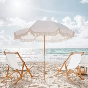 Boho Wooden Fringed Outdoor Canvas Beach Umbrella With Tassels