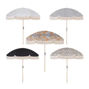Boho Wooden Fringed Outdoor Canvas Beach Umbrella With Tassels