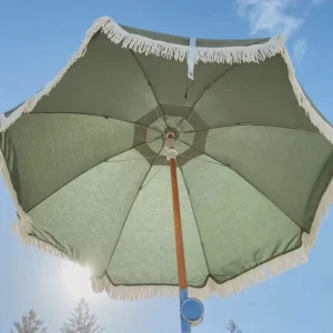 Boho Wooden Pole Windproof Outdoor Sun Parasol, Custom Cotton Fringe, Beach Tassels