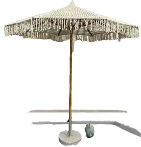Boho Wooden Waterproof Outdoor Park Sun Parasol with Tassels