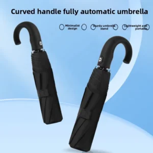 Business Automatic Open Close Umbrella Curved Handle 8 Fiberglass Ribs High-Density Pongee Fabric 21 Inch Three-Fold