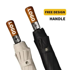 Business Gifts Custom Modern Black Folding Fully-Automatic 3-Fold Travel Umbrella with Wooden Handle