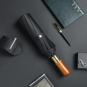 Business Outdoor UV Folding Umbrella With Wood Handle Semi Automatic Windproof Print for Travel and Rainy Occasions