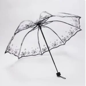 Butterfly Printing Flower Design 3 Fold Dome Scalloped Transparent Manual Folding Umbrella