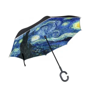 C Shape Handle Fiberglass Double Canopy Reverse Inverted Umbrella with Van Gogh Starry Night Oil Painting Inside