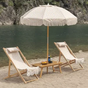 Camping and Fishing Folding Recliner Chair with Tassel Beach Umbrella Set, Bamboo