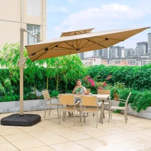 Cantilever Garden Solar Umbrella & Base Windproof Restaurant Umbrella LED Patio Parasols for Courtyard Backyard