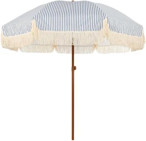 Canvas Tassel Beach Umbrella with Wooden Pole, Boho Portable 8 Feet Parasol, Vintage Outdoor Oxford Fabric