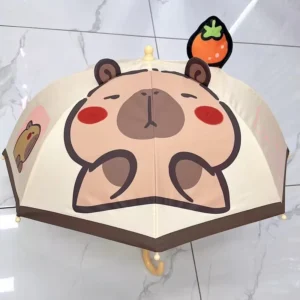 Capybara and Cat Plastic Alloy Long-Handle Manual Children’s Cartoon Umbrella, 10 Ribs, Impact-Resistant Fabric, Sun and Rain