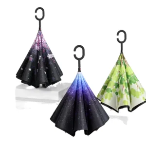 Car Reverse Double-Layer C-Type Manual Straight Umbrella Vintage Style 190T Nylon Fabric Dual-Purpose for Sunny and Rainy Days
