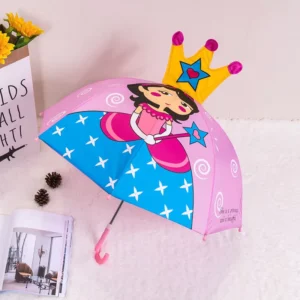 Cartoon 3D Children’s Manual Straight Umbrella, Princess Design, Sun and Rain Protection, Polyester