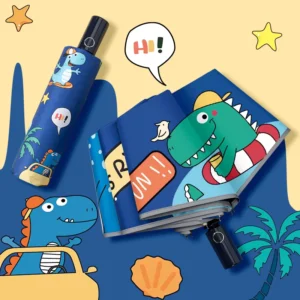 Cartoon Dinosaur patterned Kid’s Umbrella Customizable LOGO Safe Anti rebound Fully Automatic Umbrella 95cm Open Diameter All