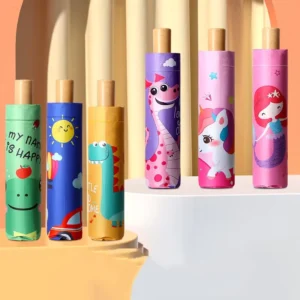 Cartoon Mermaid Princess 3-Folding Wooden Umbrella, Kids Travel Anti-UV Umbrella