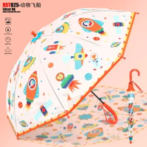 Cartoon Semi-Clear Kids Umbrella with Dinosaur, Shark, Rocket, and Sea World Designs for School