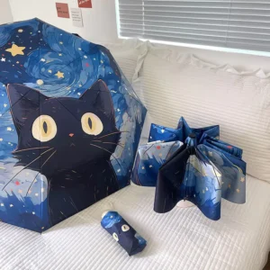 Cat Cartoon Folding Umbrella for Women and Children, Dual-Use Rain and Sun UV Protection