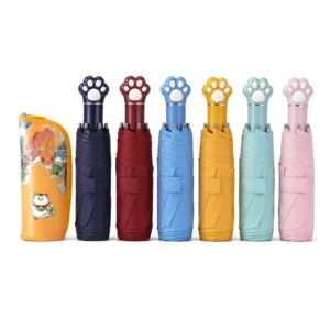 Cat Paw Handle 3-Fold Compact Travel Umbrella with Japanese Style Carrying Bag, Multi-Color