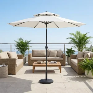 Center Pole Outdoor Foldable Patio Parasol 2.7m Double Top Waterproof Aluminum Structure Manual Crank No Valance for Courtyard Hotel
