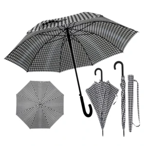 Checkered Windproof Straight Umbrella with Fully Printed Pongee Fabric, Sleeve, and Hanging Loop for Travel