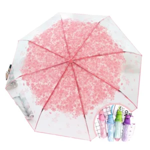 Cherry Blossom Adults Manual PVC Umbrella 1pc Transparent Windproof Rainproof Portable Cute Flower Travel Rain Gear