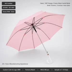 Cherry Blossom Pink 8K Straight Umbrella with Milky White Pearl Crook Handle Wedding Gift