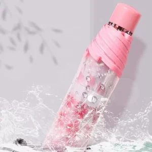 Cherry Blossom Rain Parasol Clear 3-Folding Transparent Travel Plastic Polyester Mini Umbrella Pongee Fabric