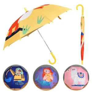 Children’s Cartoon Umbrella with Customizable Color and Logo, Long Plastic Handle, Alloy Ribs