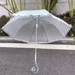 Children’s Cute Princess Style POE Semi-transparent Delicate Lace Trim Heart-shaped Curved Handle Straight Travel Rain Umbrella