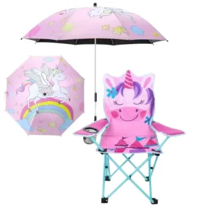 Children’s Folding Camping Chair unicorn Pattern Cup Holder Handbag Umbrella Bag Beach Picnic