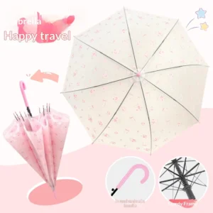 Children’s Frosted Transparent Fiber Umbrella Plastic Handle Manual Long handled 8 Ribs Cute Style for Elementary School Girls