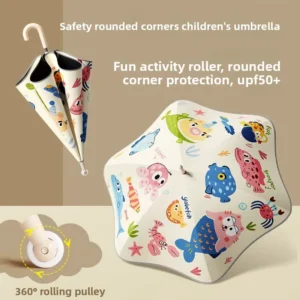 Children’s Injury-Safe Rounded-Corner Straight Umbrella Fiberglass Manual Rolling Wheels Cartoon Design Rainproof Sunshade Boys