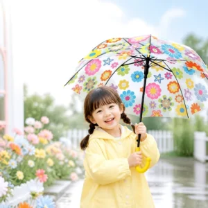 Children’s Little flower Clear Umbrella 8 Ribs Cute Cartoon Transparent Design for Girls Kids Customizable Bubble Umbrella
