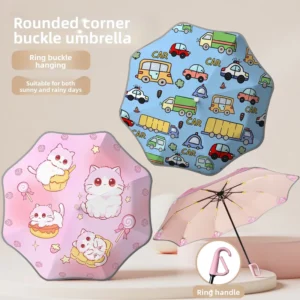 Children’s Manual Buckle Umbrella, Three-Folding Cartoon Design, Rounded Safety, 8 Bones, for Boys and Girls