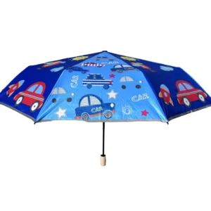 Children’s Manual Three-Fold Sunshade and Rain Umbrella with Solid Wood Handle, Black Glue Design, and Cartoon Panel