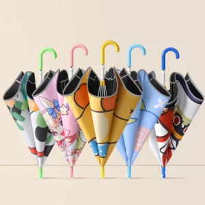 Children’s Roller Fun Umbrella Curved Handle Straight Rod Rounded Corner Design Safety Wind Rain Resistant Ultraviolet Rays