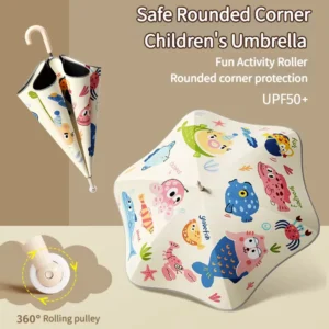 Children’s Umbrella Rounded Edges Roller Long Handle Boys Girls School Use Safety Black Coating Sun Protection Cartoon Design