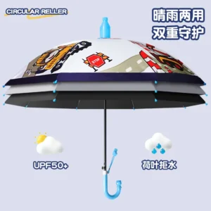 Children’s Umbrella Safe Hand Protection Umbrella Unisex Straight Handle Design Kids Cute Cartoon Pattern Automatic Umbrella