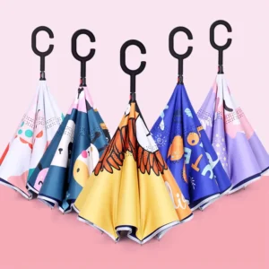 Children’s Upside Down Drip-Free Double-Layer Sun Umbrella with Reflective Strip Straight Pattern Reverse Design