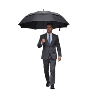 China Fully Automatic Double Canopy Vented Umbrella Custom Logo 190T Nylon Fabric Golf Umbrella With Logo