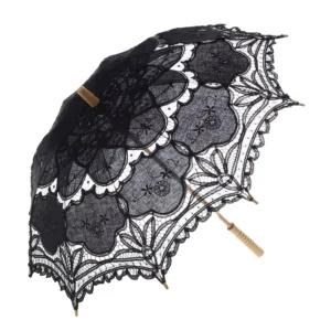 Chinese Antique Floral Cotton Lace Parasol Fancy Bridal Umbrella for Weddings Lady’s Straight Pattern Lace Color Umbrella