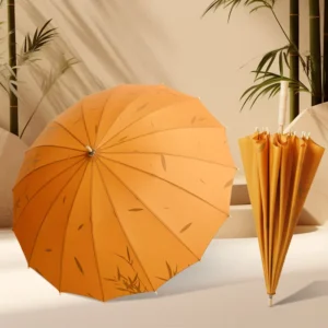 Chinese Han Dynasty Style Wooden Long-Handle 16K Vintage All-Weather Umbrella