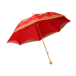 Chinese Style Red Wedding Umbrella with Lace Trim and Embroidery Long Handle Retro Style Bridal Umbrella