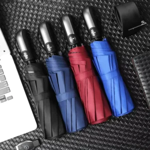 Classic 10-Rib Automatic 3-Fold Windproof Umbrella with Plastic Handle and Pongee Polyester