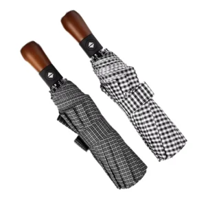 Classic Design 3-Fold Folding Umbrella with Frosted Wood Handle Strong Windproof Automatic Open Close for Adults