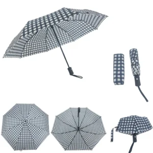 Classic Gingham Checkered Automatic Folding Umbrella Navy Blue 3-Fold Portable Travel Rain Umbrella