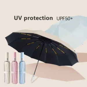 Classic Printing Logo 12-Rib Strong Windproof Fully Automatic Fiberglass 3-Fold Umbrella Black Coating UV