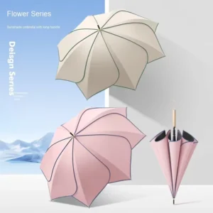 Classic Straight Wooden Petal Travel Umbrella with Bent Handle Iron Tube Semi-Automatic Opening Windproof